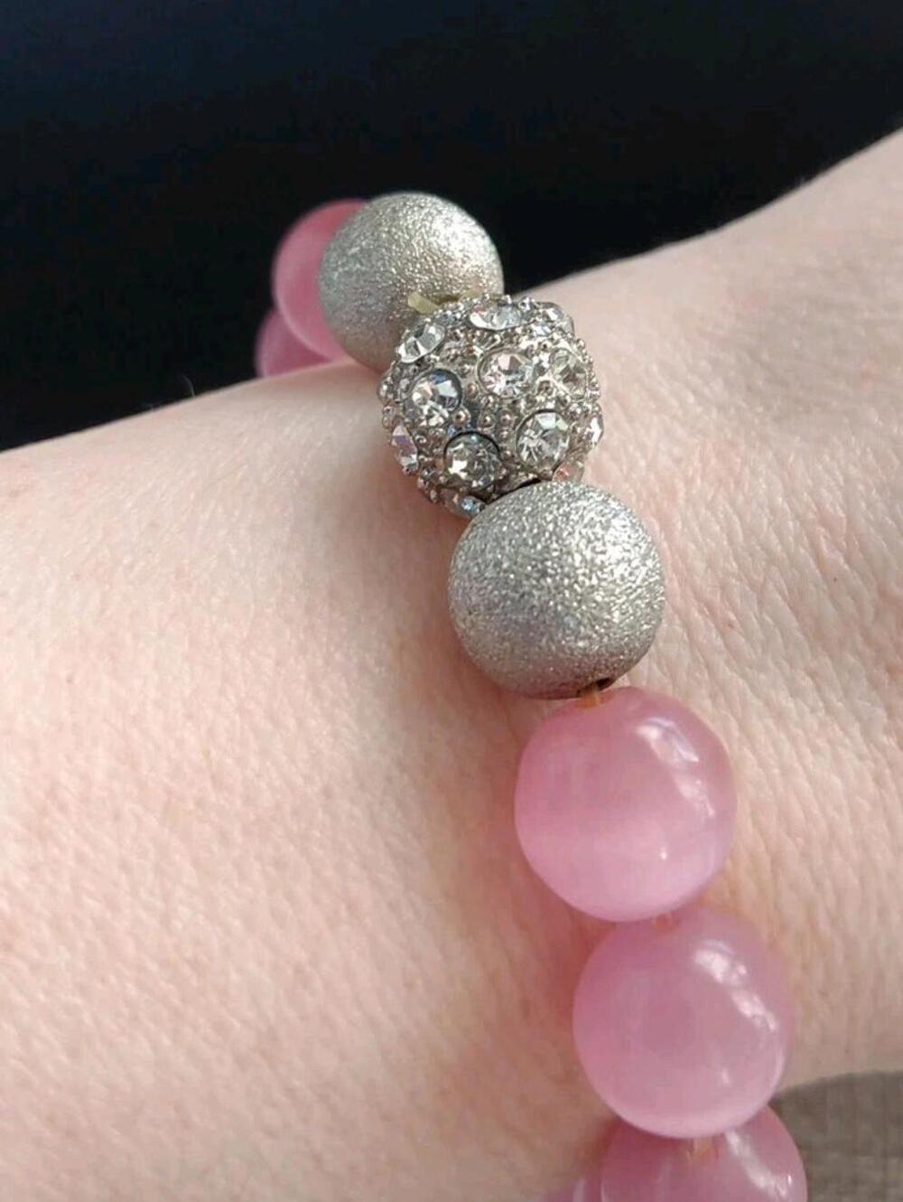 Pink Cats Eye And Silver-tone & Crystal Bead Stretch Bracelet,  6.25